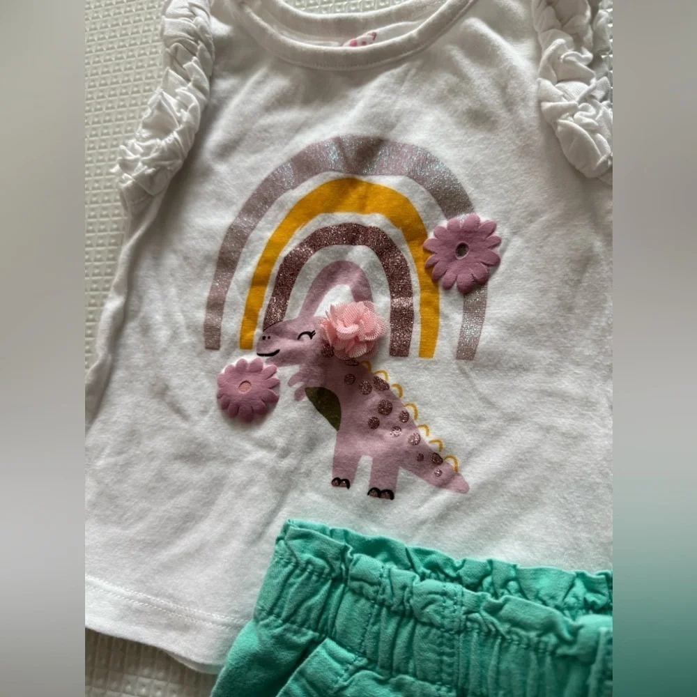 Oshkosh B’gosh|Baby girl cute summer outfit,teal shorts & white rainbow tank•••